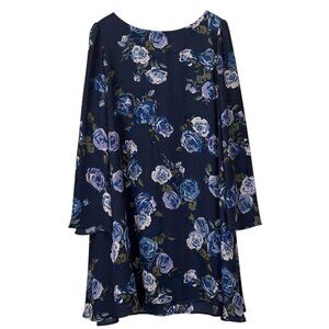 Belle Badgley Mischka Floral Flare Sleeve Shift Cocktail Dress Blue-Black Size 6